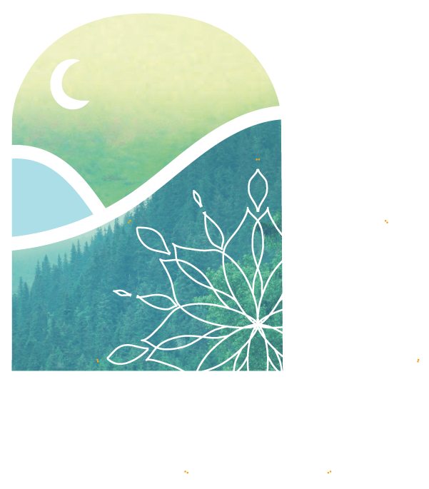 Porte graphique avec lune et mandala sur fond de forêt vosgienne