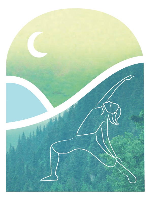 Porte graphique avec posture de yoga et lune sur fond de forêt des Vosges